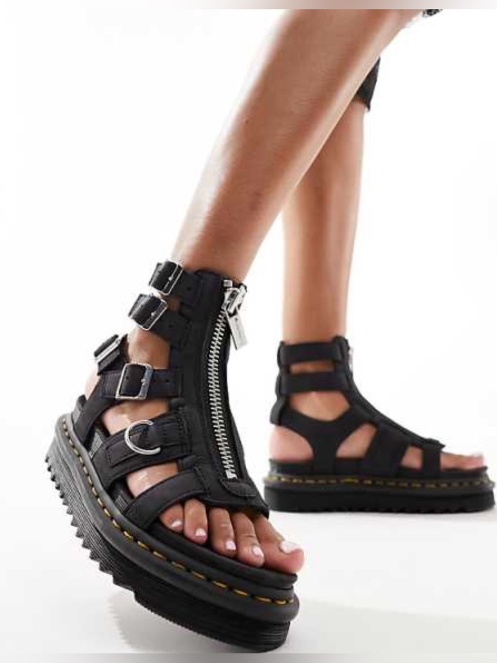 New Dr. Martens Olson Gladiator Zip Sandals Black Leather Nubuck Platform Sz 8